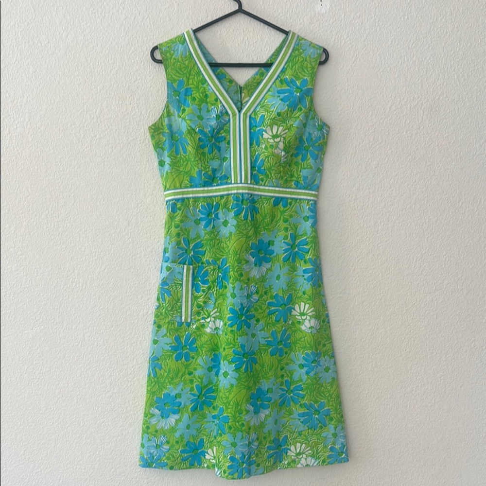 Vintage Authentic Lilly Pulitzer Floral Green and Blue Sleeveless Midi Dress